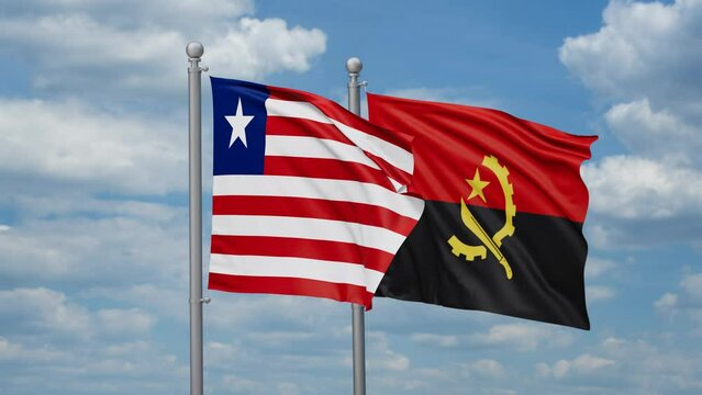 Liberia and Angola two flags waving together, looped video