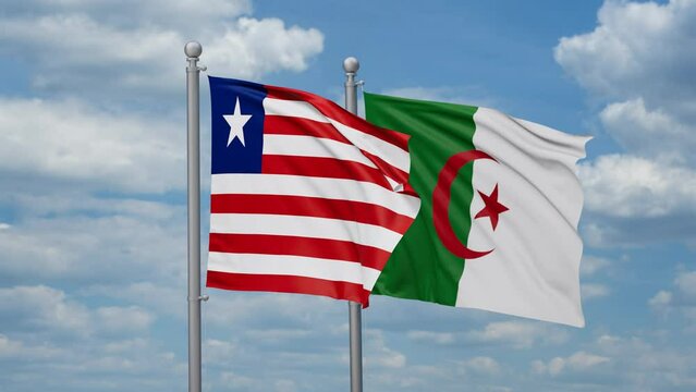 Liberia and Algeria two flags waving together, looped video