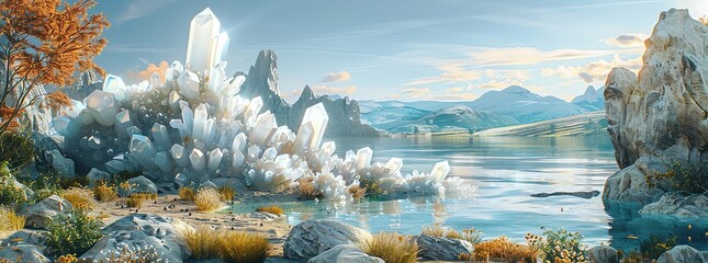 Perfluoroalkyl substances visualized as alien crystals encroaching on a natural landscape, stark contrast, highlighting persistence and intrusion, 