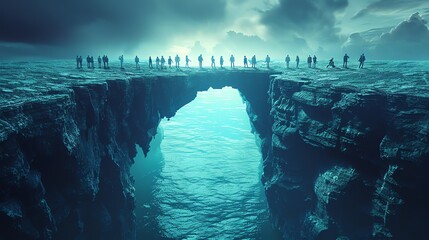 A creative depiction of a bridge made of diverse team members connecting two cliffs, representing overcoming challenges for business growth - obrazy, fototapety, plakaty