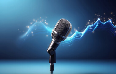 A microphone on a stand with a waveform on a blue background