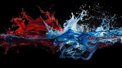 the creative process as acrylic blue and red colors come to life in water, swirling and merging to form captivating ink blots and abstract patterns set against a deep black backdrop - obrazy, fototapety, plakaty