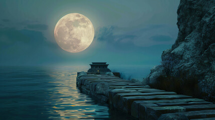 Full moon Above surface sea or the lake. A stone altar