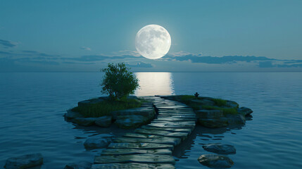 Full moon Above surface sea or the lake. A stone altar - obrazy, fototapety, plakaty