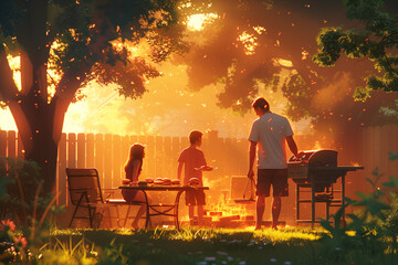 American family grilling burgers in a sunlit backyard vibrant colors of summer, illustration