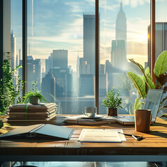 Office interior with city view laptop computer, coffee cup and supplies on desktop. 3D Rendering