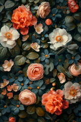Beautiful fantasy vintage wallpaper botanical flower bunch, vintage motif for floral print digital background