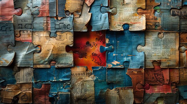 A creative image of a puzzle made of various financial documents and business plans, assembling to show a successful merger