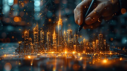 A creative photo of a hand drawing a city skyline with a light pen in a dark room, symbolizing visionary urban business development