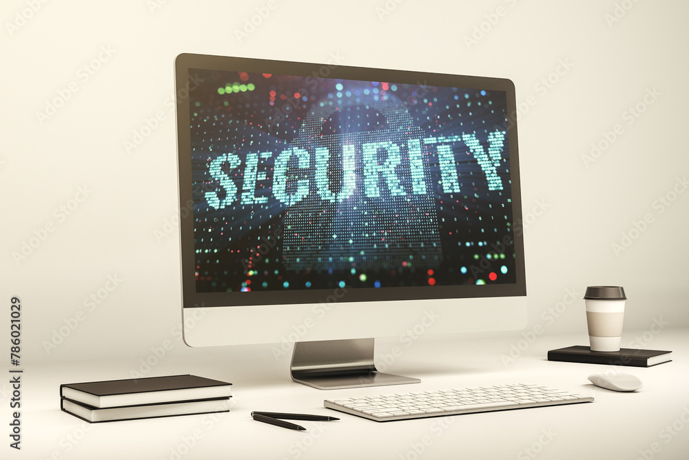 Poster cyber security creative concept on modern laptop monitor. 3d rendering