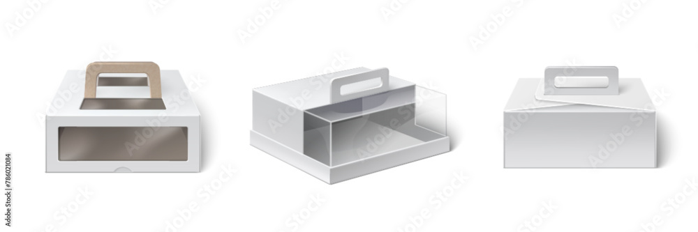 Aufkleber white carton box with plastic windows and handle. realistic 3d vector illustration set of paper pack