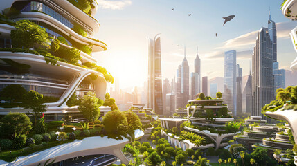 Futuristic city architecture with vegetated budings