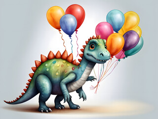 3d Watercolor illustration of cute dinosaur cartoon  with colorful balloons. Greeting birthday card, poster, banner for children. White background, copy space.