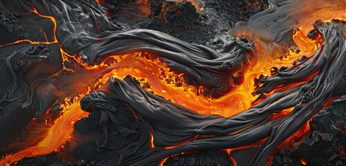 An artistic interpretation of molten lava oozing from a fissure in the earth's surface, creating a fiery river effect.