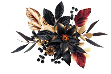 Glossy flowers bouquets and leaves with golden red, and black color luxury decoration element isolated on background, shiny botanical plant, summer beautiful bouquets. - obrazy, fototapety, plakaty