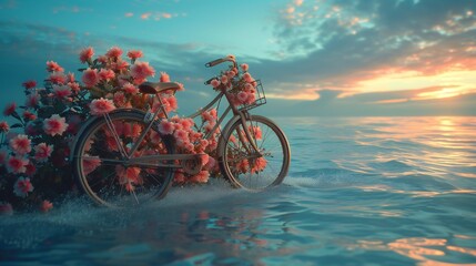 Fototapeta premium Flowers adorning a bicycle create a picturesque scene against a backdrop of softly undulating waves.
