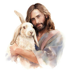 A watercolor illustration of Jesus,  person with a dog