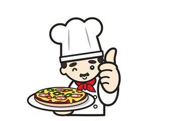 いいねポーズのピザを持ったイタリア人シェフ