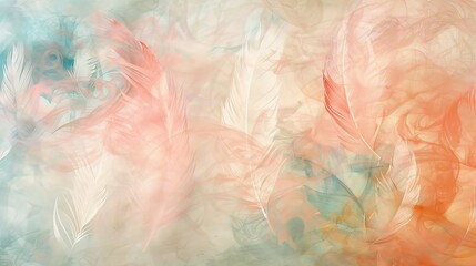 Soft pastel feathers dance gracefully across the canvas, creating an ethereal abstract background reminiscent of a gentle spring breeze, perfectly captured by the lens of an HD camera