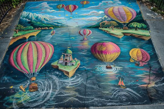 A chalk drawing with wonderland, with floating islands, and hot air balloons on asphalt