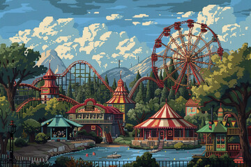 Naklejka premium 2d pixel art theme park, amusement ferris wheel,16 bit, 32 bit, game art