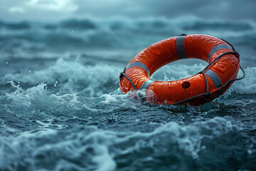 Lifebuoy in a stormy blue sea