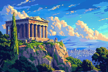 2d pixel art of ancient greek temple on the hill, Athena Parthenos,16 bit, 32 bit, game art - obrazy, fototapety, plakaty
