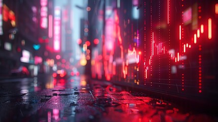 A highquality 3D graph showing stock market trends with arrows and bar graphs that illuminate in a neonlit financial district - obrazy, fototapety, plakaty