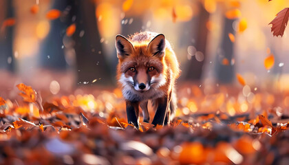 Red fox in autumn leaves wood. Generative ai design concept.