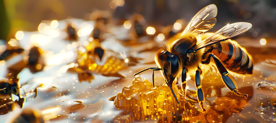 Bee and honey close up background. Generative ai design concept.