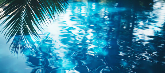 Blue water in swimming pool reflect palm tree background. Generative ai design art concept.