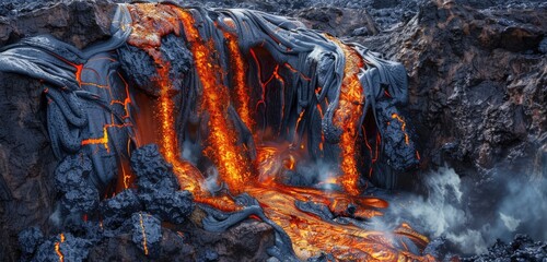 An artistic interpretation of molten lava cascading down a mountainside, creating a fiery waterfall effect.
