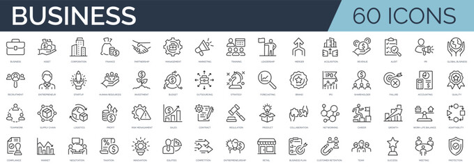 Set of 60 outline icons related to business. Linear icon collection. Editable stroke. Vector illustration - obrazy, fototapety, plakaty