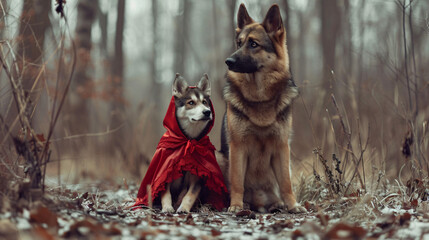 German Shepherd and husky dressed as little red riding