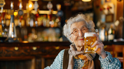 an elderly woman drinks beer in a bar
