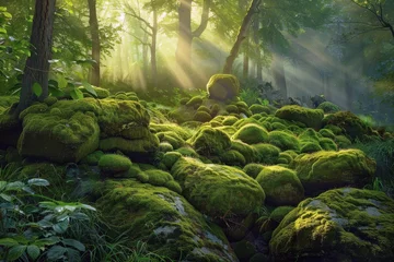 Fotobehang Sunlit Moss-Covered Stones in a Lush Forest—A Captivating Display of Nature's Serenity and Beauty © cwa