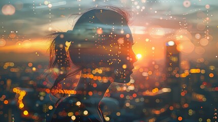 Closeup abstract portrait of young woman at sunset double exposure blurred bokeh city light with skyscrapers