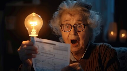 An elderly mature woman senior screams and gets angry because of the increase in utility bills for light. Negative emotion facial expression. Financial crisis bad news