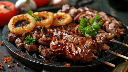 delicious juicy kebab on a plate with vegetables and greens