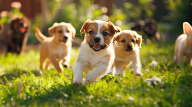 A playful scene with puppies chasing each other