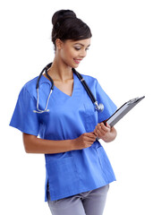 Nurse, woman and documents in studio for healthcare information, results and charts. Medical worker, student or resident physician reading clipboard for clinic training program on white background