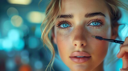 A highquality image of a beautiful blond woman applying mascara in a welllit makeup room, her reflection clear in a large mirror