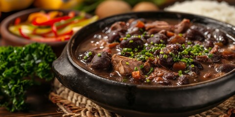 An appetizing image of Brazilian feijoada in a clay pot, served with rice and greens, showcasing the dish's rich flavors