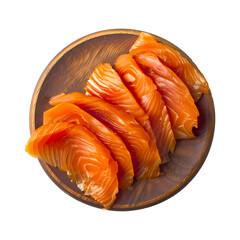 Smoked salmon on wooden plate on transparent background. Generative ai design art.