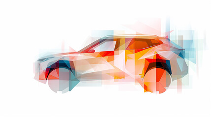 Red car moving fast, abstract geometric style postcard background