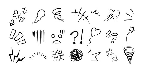 Manga or anime comic emoticon element graphic effects hand drawn doodle vector illustration set isolated on white background. Manga style doodle line expression scribble anime mark collection.