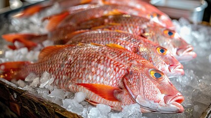 A bunch of red fish are on ice - Powered by Adobe