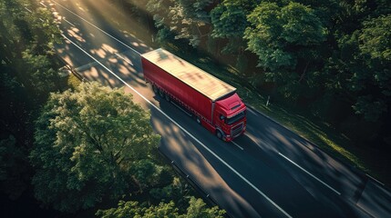 Naklejka premium A red semi truck is driving down a road with trees in the background