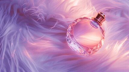 Glass Perfume Bottle on Feathery Pearlescent Background