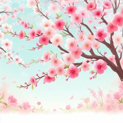 Spring landscape with blooming wild flowers,sunlight and blue sky,Generative Ai